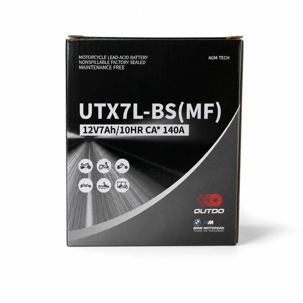 Motorradbatterie AGM 12V 7Ah OUTDO UTX7L-BS(MF) - Kompatibel Yuasa YTX7L-BS / GTX7L-BS / ETX7L-BS