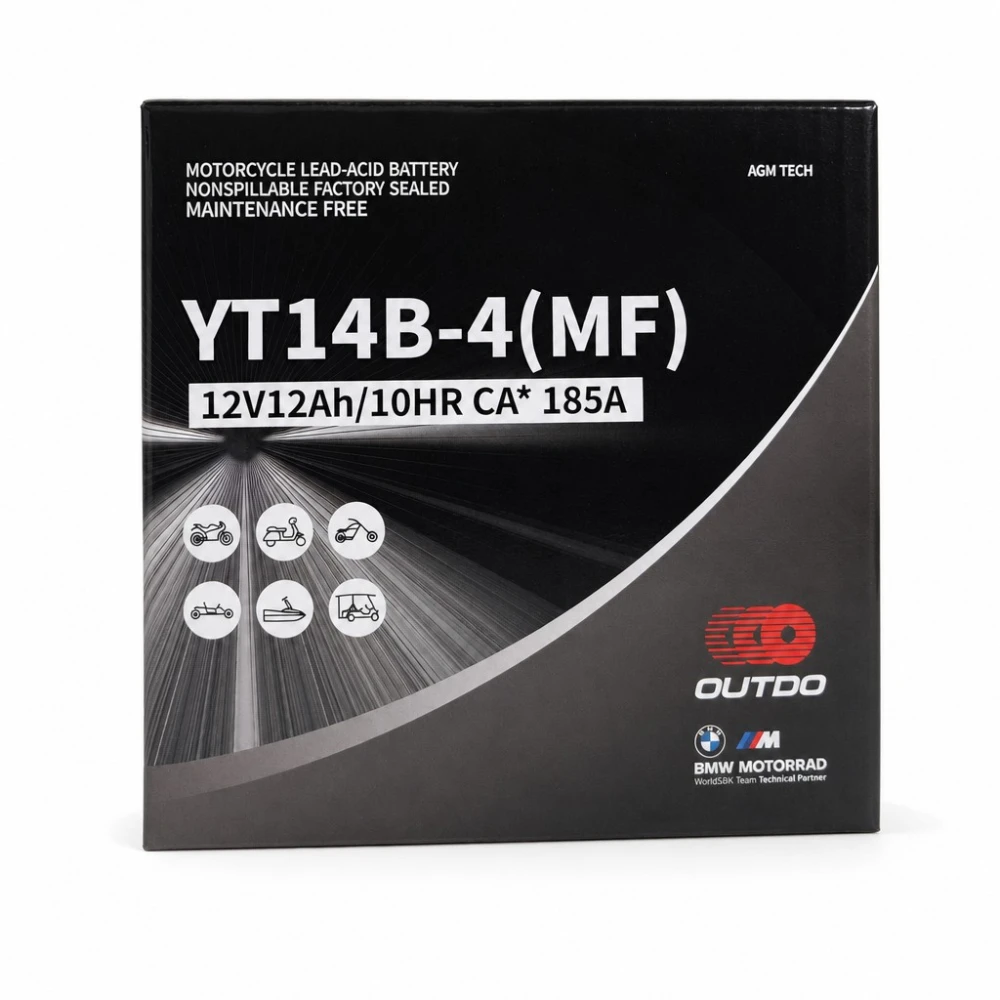 Motorradbatterie AGM 12V 12Ah OUTDO YT14B-4(MF) - Kompatibel Yuasa YT14B-BS / GT14B-BS / GT14B-4 / ETZ14B-BS / ET14B-4