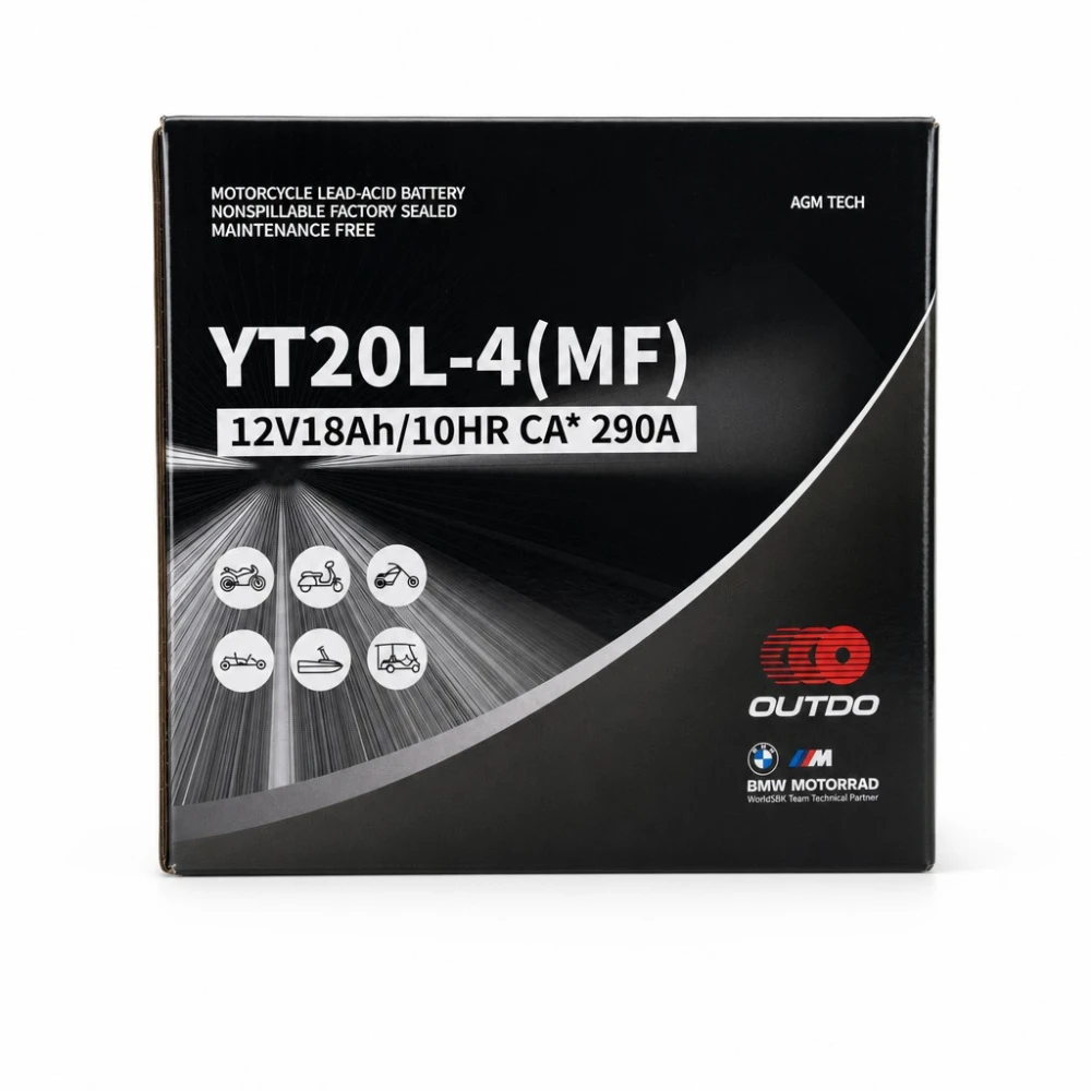 Motorradbatterie AGM 12V 18Ah OUTDO YT20L-4(MF) - Kompatibel Yuasa YTX20L-BS / GTX20L-BS / ETX20L-BS / Y50-N18L-A