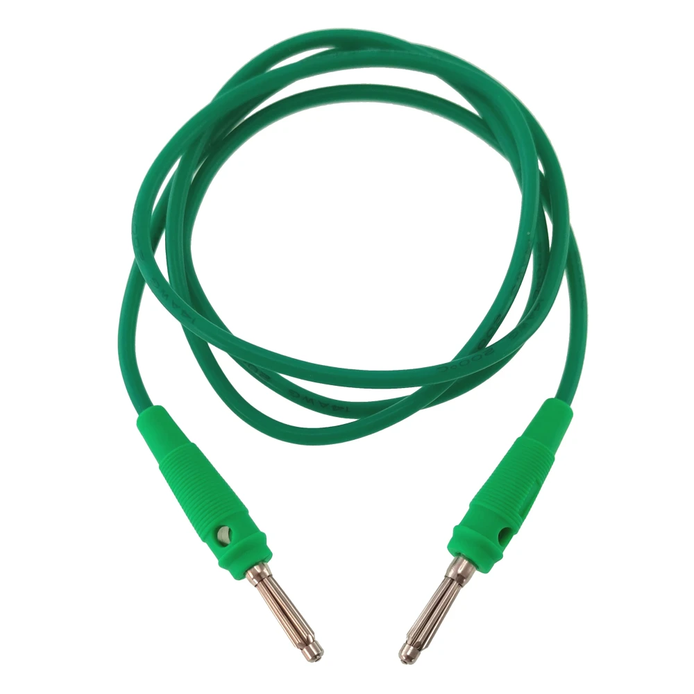 Detalle del cable de prueba verde de silicona 14AWG con conectores banana