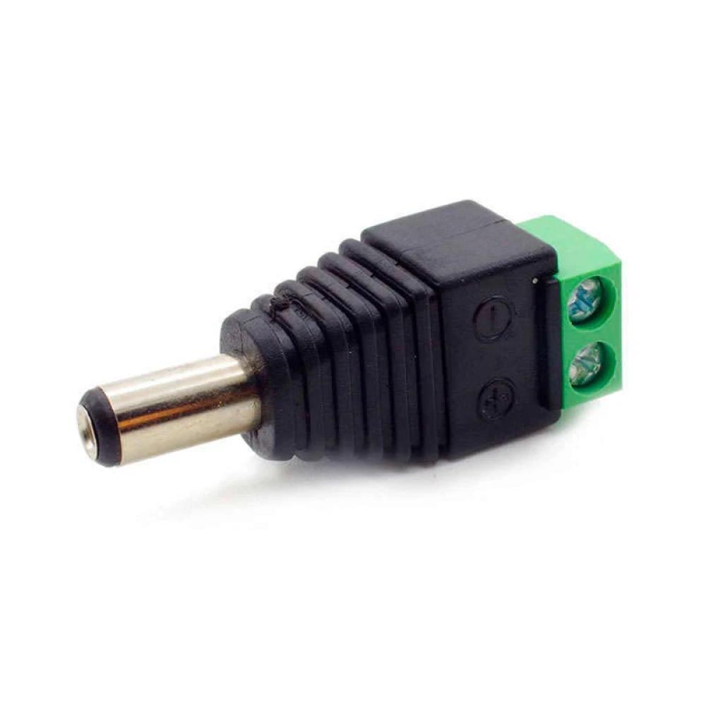 Vista frontal del conector borne macho para tira led 12v DC