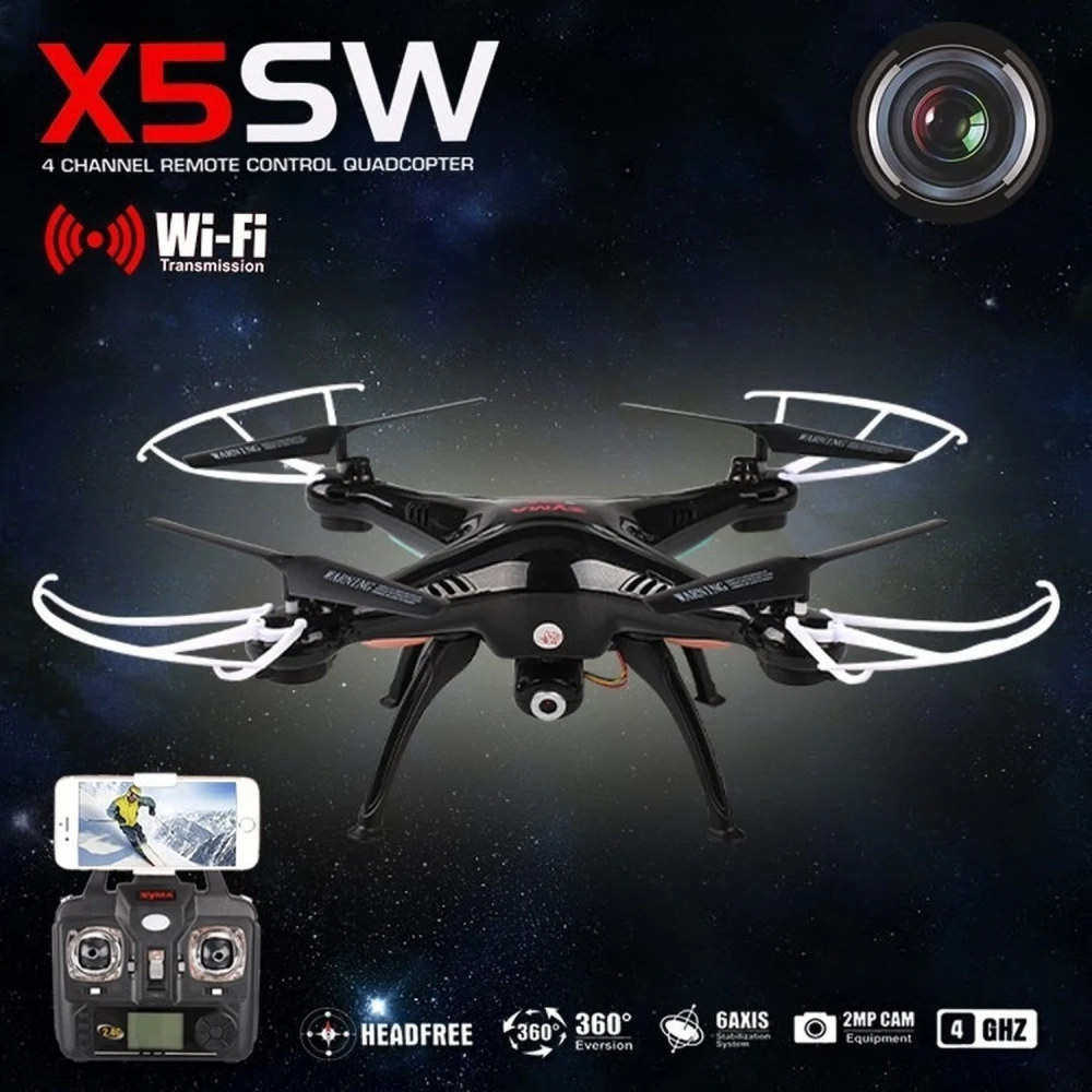 Syma X5SW Drohne mit HD-Kamera und WLAN - Schwarz Quadcopter 4CH 6Axis Gyro