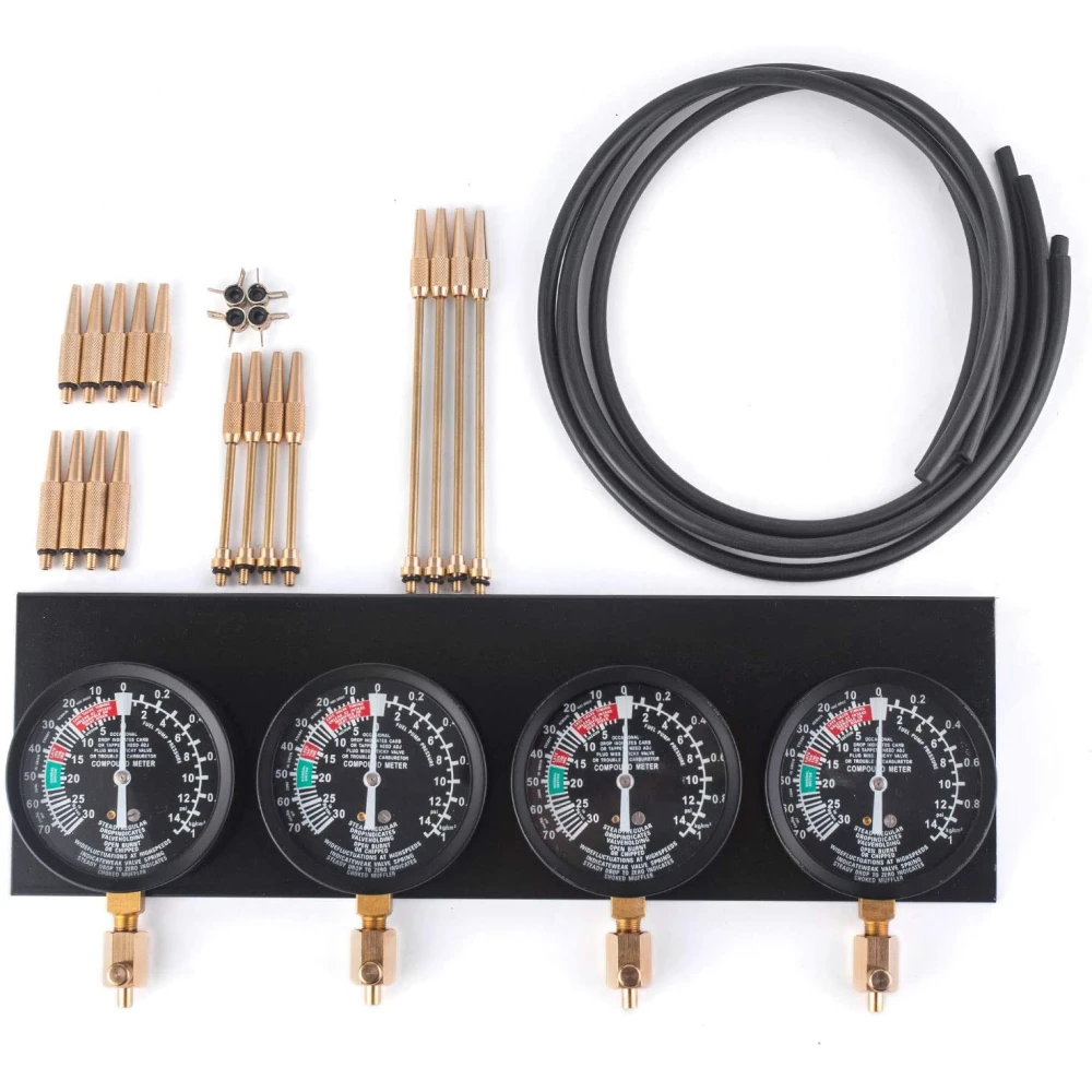 Detalle de manómetros y mangueras para sincronizar carburadores en motos y coches