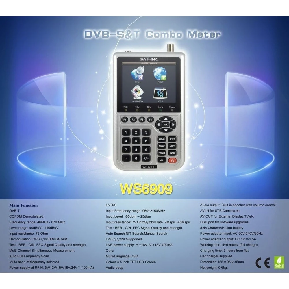 Medidor Satlink WS-6909 en uso para medir señal satelital y terrestre