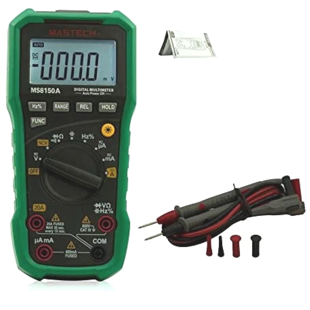 Vista frontal del multímetro digital Mastech MS8150A mostrando su pantalla y controles
