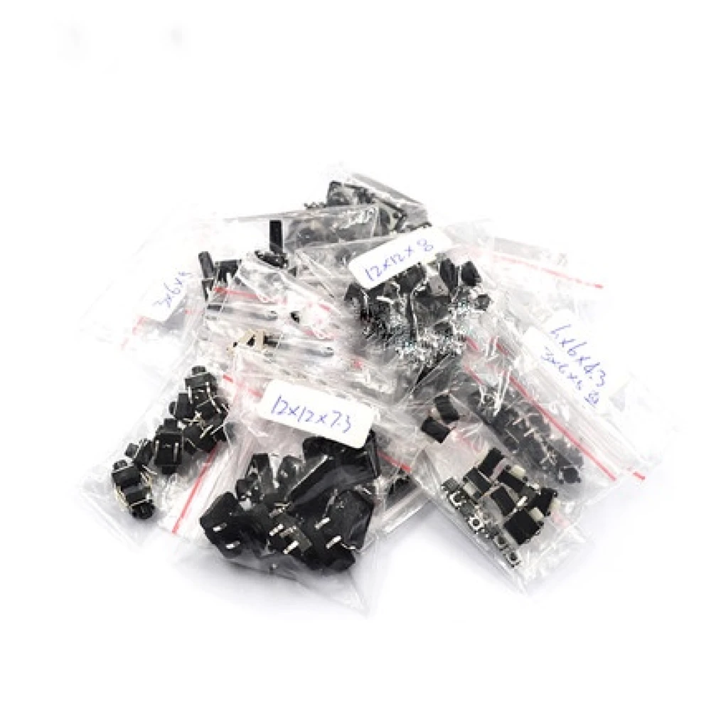 Detalle de pulsadores táctiles variados del set 250 piezas satkit