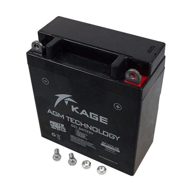 Gel-Motorradbatterie YB5L-B von vorn mit beiden Batteriepolen
