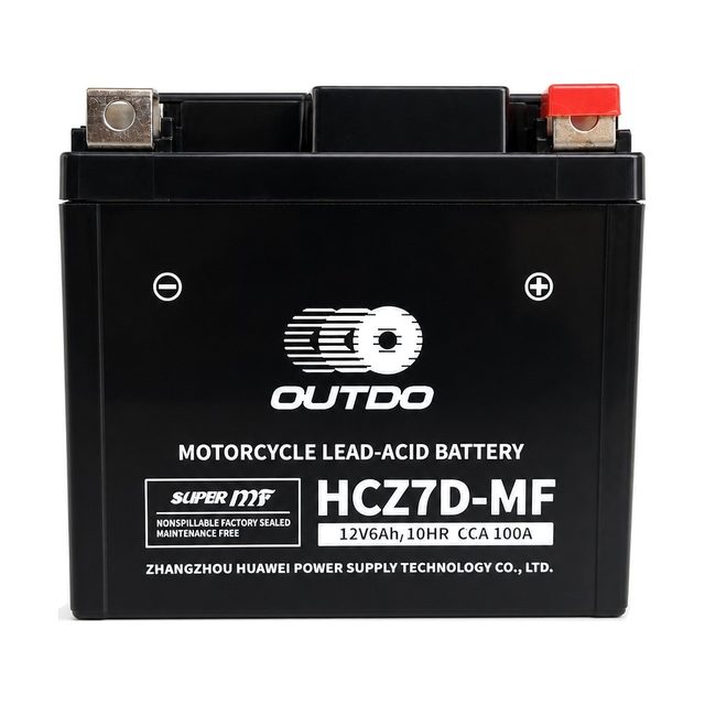 OUTDO HCZ7D-MF, Motorradbatterie YTZ7S von vorn mit beiden Batteriepolen