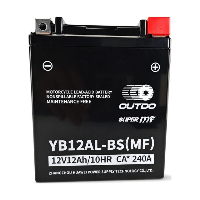 OUTDO YB12AL-BS, Motorradbatterie YB12AL-A2 von vorn mit beiden Batteriepolen